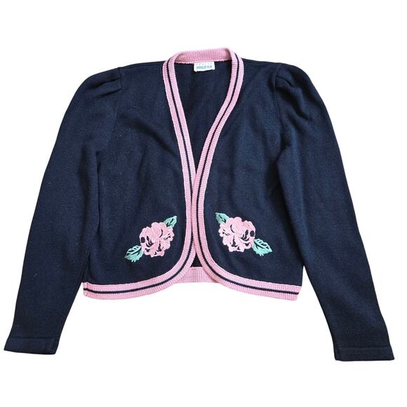 Leslie Fay Women Vtg Cottage Floral Rose Embroidered Knit Puff Sleeve Cardigan M - Picture 1 of 9